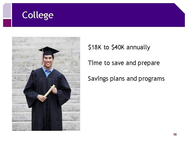 College $18 K to $40 K annually Time to save and prepare Savings plans