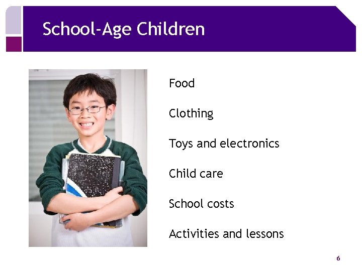 School-Age Children Food Clothing Toys and electronics Child care School costs Activities and lessons