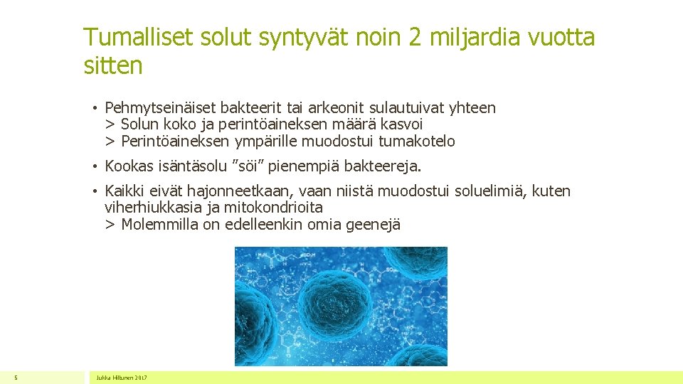 Tumalliset solut syntyvät noin 2 miljardia vuotta sitten • Pehmytseinäiset bakteerit tai arkeonit sulautuivat