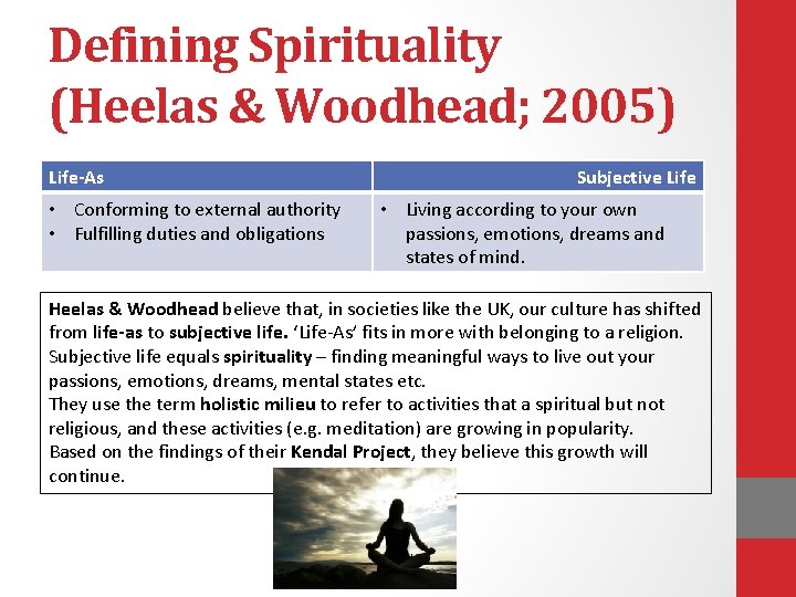 Defining Spirituality (Heelas & Woodhead; 2005) Life-As • Conforming to external authority • Fulfilling Defining Spirituality (Heelas & Woodhead; 2005) Life-As • Conforming to external authority • Fulfilling