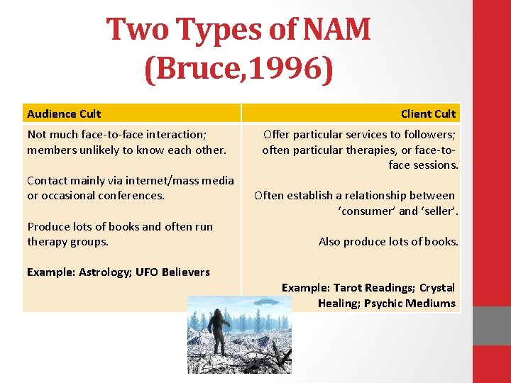 Two Types of NAM (Bruce, 1996) Audience Cult Not much face-to-face interaction; members unlikely Two Types of NAM (Bruce, 1996) Audience Cult Not much face-to-face interaction; members unlikely
