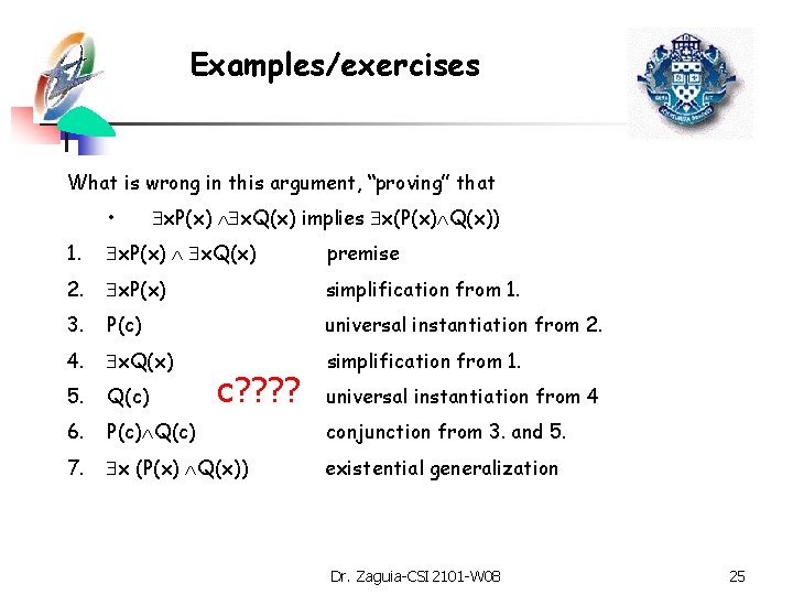 Examples/exercises What is wrong in this argument, “proving” that • x. P(x) x. Q(x)