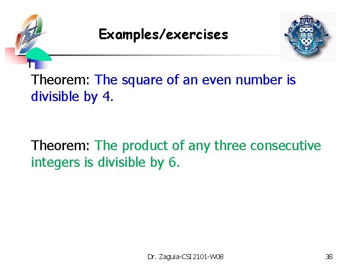 Examples/exercises Theorem: The square of an even number is divisible by 4. Theorem: The