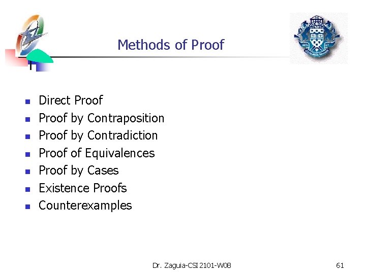 Methods of Proof n n n n Direct Proof by Contraposition Proof by Contradiction