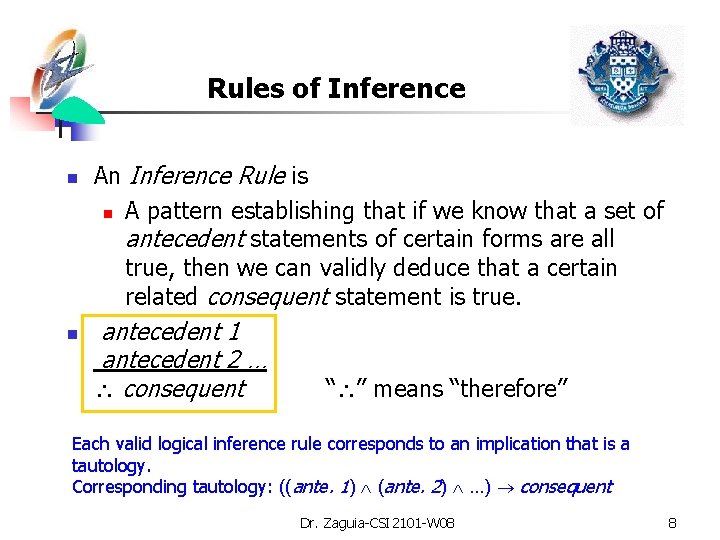 Rules of Inference n n An Inference Rule is n A pattern establishing that