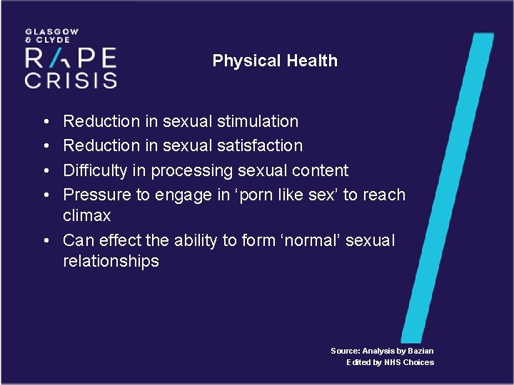 Physical Health • • Reduction in sexual stimulation Reduction in sexual satisfaction Difficulty in