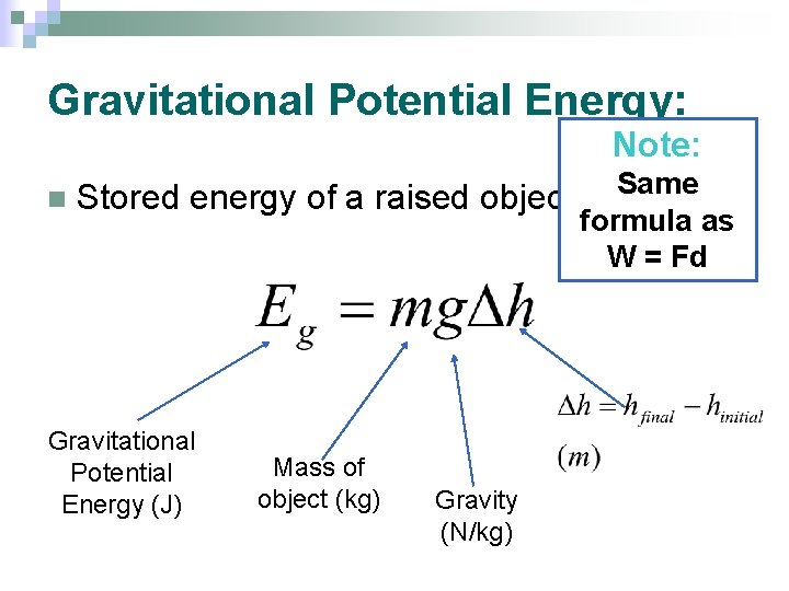 Gravitational Potential Energy: Note: n Stored energy of a raised object Gravitational Potential Energy