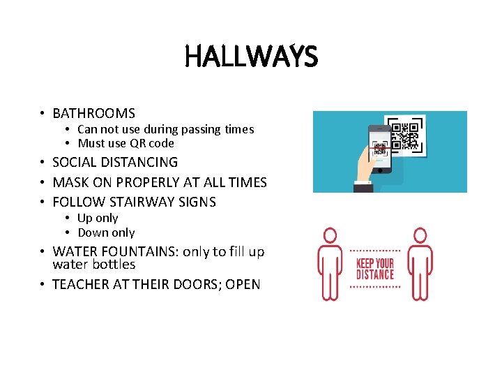 HALLWAYS • BATHROOMS • Can not use during passing times • Must use QR HALLWAYS • BATHROOMS • Can not use during passing times • Must use QR