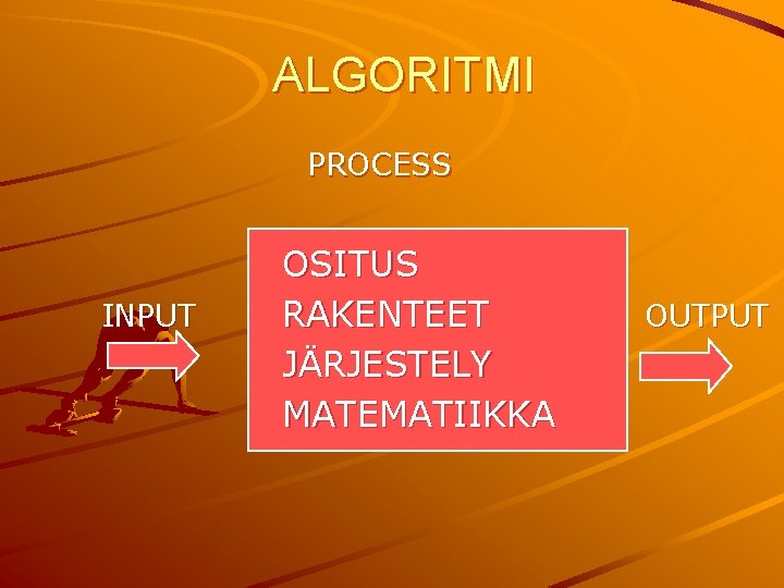 ALGORITMI PROCESS INPUT OSITUS RAKENTEET JÄRJESTELY MATEMATIIKKA OUTPUT 