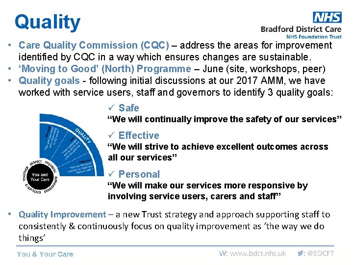 Quality • Care Quality Commission (CQC) – address the areas for improvement identified by