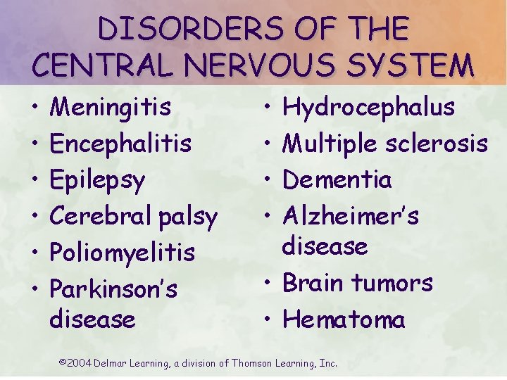 DISORDERS OF THE CENTRAL NERVOUS SYSTEM • • • Meningitis Encephalitis Epilepsy Cerebral palsy DISORDERS OF THE CENTRAL NERVOUS SYSTEM • • • Meningitis Encephalitis Epilepsy Cerebral palsy