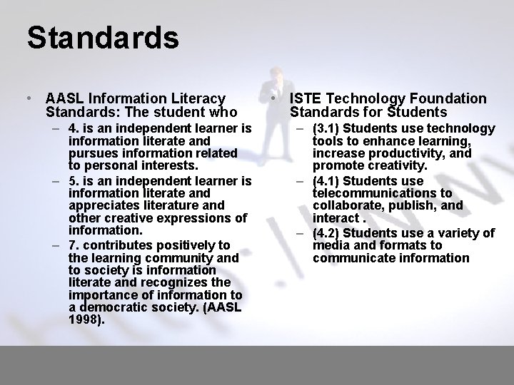 Standards • AASL Information Literacy Standards: The student who – 4. is an independent