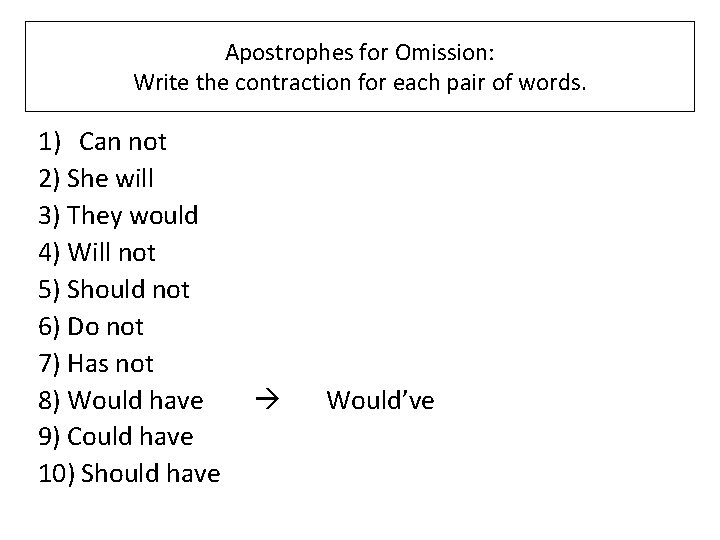 Apostrophes for Omission: Write the contraction for each pair of words. 1) Can not