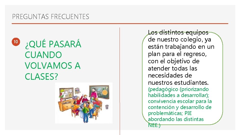 PREGUNTAS FRECUENTES 10 ¿QUÉ PASARÁ CUANDO VOLVAMOS A CLASES? Los distintos equipos de nuestro