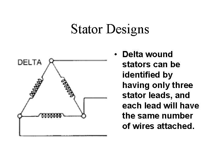 Stator Designs • Delta wound stators can be identified by having only three stator