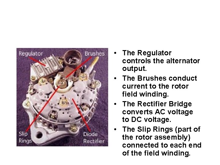  • The Regulator controls the alternator output. • The Brushes conduct current to