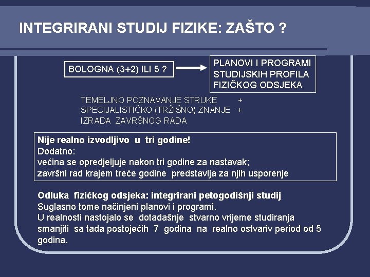 INTEGRIRANI STUDIJ FIZIKE: ZAŠTO ? BOLOGNA (3+2) ILI 5 ? PLANOVI I PROGRAMI STUDIJSKIH INTEGRIRANI STUDIJ FIZIKE: ZAŠTO ? BOLOGNA (3+2) ILI 5 ? PLANOVI I PROGRAMI STUDIJSKIH