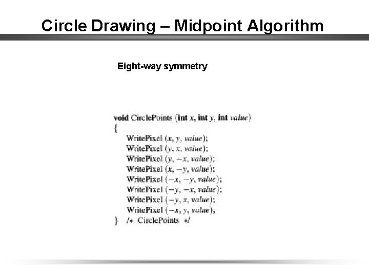 Circle Drawing – Midpoint Algorithm Eight-way symmetry 