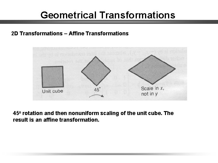 Geometrical Transformations 2 D Transformations – Affine Transformations 45 o rotation and then nonuniform