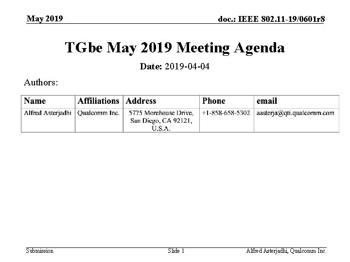 May 2019 doc. : IEEE 802. 11 -19/0601 r 8 TGbe May 2019 Meeting