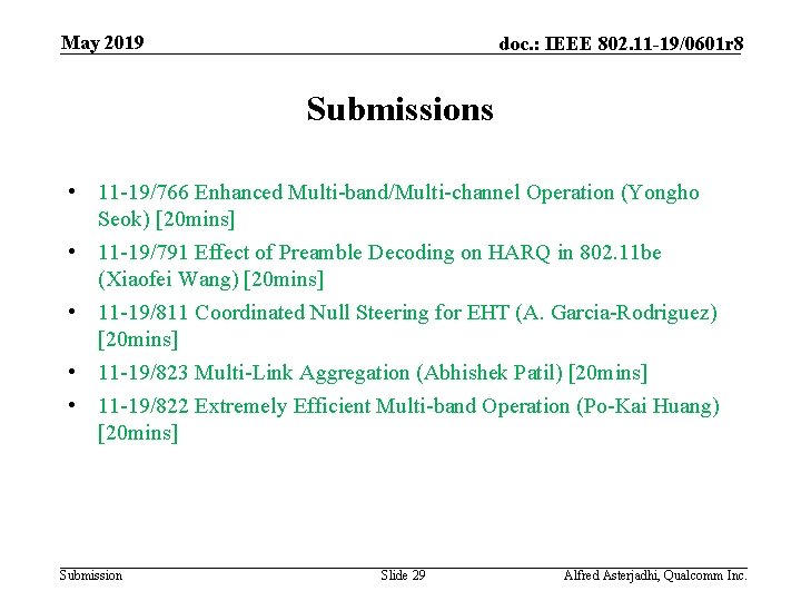May 2019 doc. : IEEE 802. 11 -19/0601 r 8 Submissions • 11 -19/766