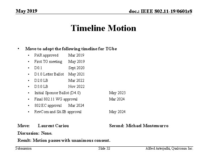 May 2019 doc. : IEEE 802. 11 -19/0601 r 8 Timeline Motion • Move