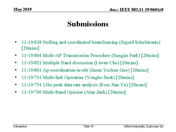 May 2019 doc. : IEEE 802. 11 -19/0601 r 8 Submissions • 11 -19/638