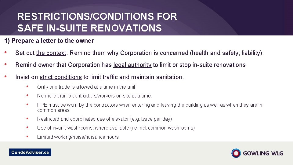 RESTRICTIONS/CONDITIONS FOR SAFE IN-SUITE RENOVATIONS 1) Prepare a letter to the owner • Set RESTRICTIONS/CONDITIONS FOR SAFE IN-SUITE RENOVATIONS 1) Prepare a letter to the owner • Set