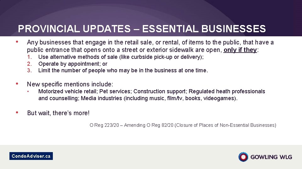 PROVINCIAL UPDATES – ESSENTIAL BUSINESSES • Any businesses that engage in the retail sale, PROVINCIAL UPDATES – ESSENTIAL BUSINESSES • Any businesses that engage in the retail sale,