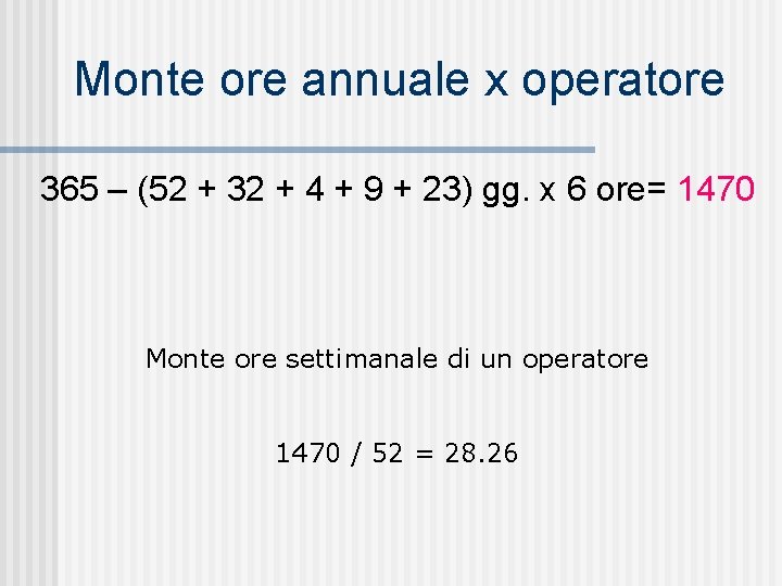 Monte ore annuale x operatore 365 – (52 + 32 + 4 + 9