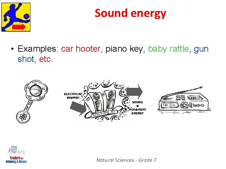 Sound energy • Examples: car hooter, piano key, baby rattle, gun shot, etc. Natural