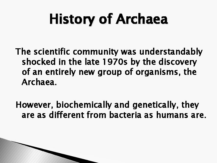 History of Archaea The scientific community was understandably shocked in the late 1970 s