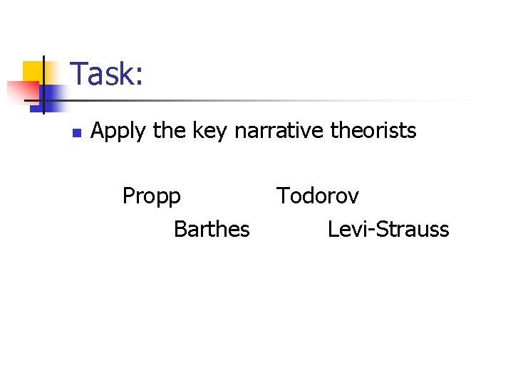 Task: n Apply the key narrative theorists Propp Barthes Todorov Levi-Strauss 