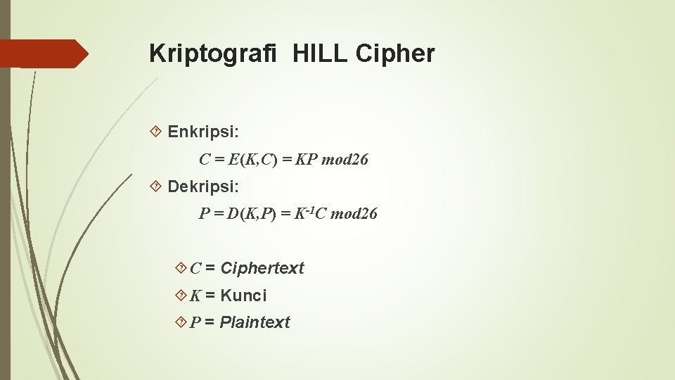 Kriptografi HILL Cipher Enkripsi: C = E(K, C) = KP mod 26 Dekripsi: P