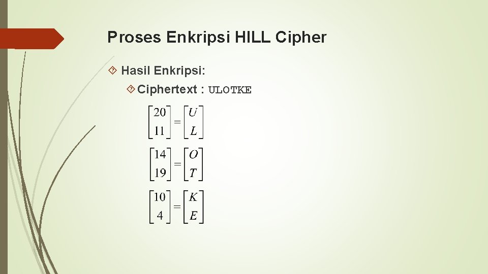 Proses Enkripsi HILL Cipher Hasil Enkripsi: Ciphertext : ULOTKE 