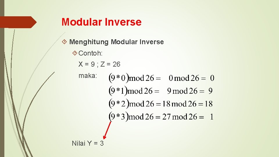 Modular Inverse Menghitung Modular Inverse Contoh: X = 9 ; Z = 26 maka: