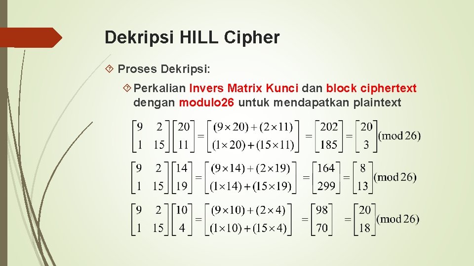Dekripsi HILL Cipher Proses Dekripsi: Perkalian Invers Matrix Kunci dan block ciphertext dengan modulo