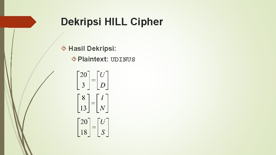 Dekripsi HILL Cipher Hasil Dekripsi: Plaintext: UDINUS 