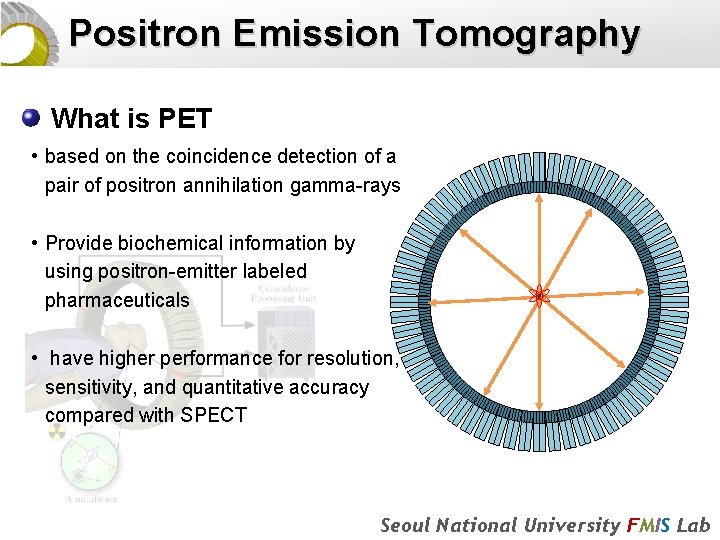 Positron Emission Tomography What is PET • based on the coincidence detection of a