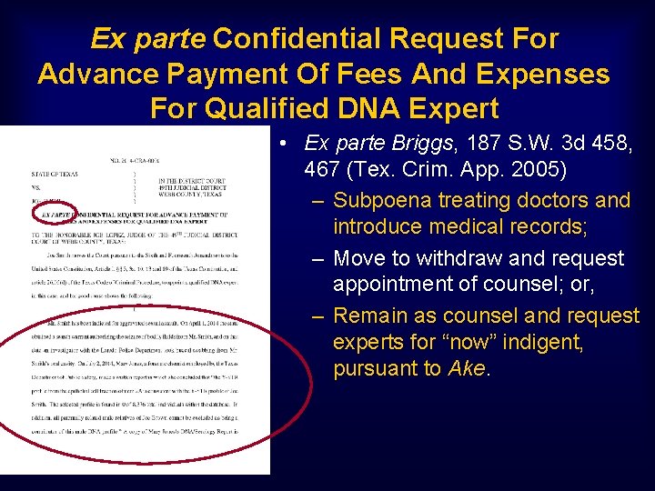 Ex parte Confidential Request For Advance Payment Of Fees And Expenses For Qualified DNA