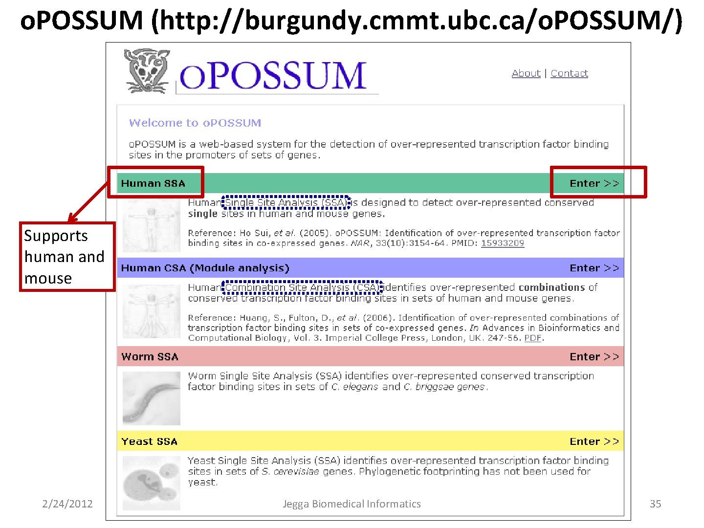 o. POSSUM (http: //burgundy. cmmt. ubc. ca/o. POSSUM/) Supports human and mouse 2/24/2012 Jegga