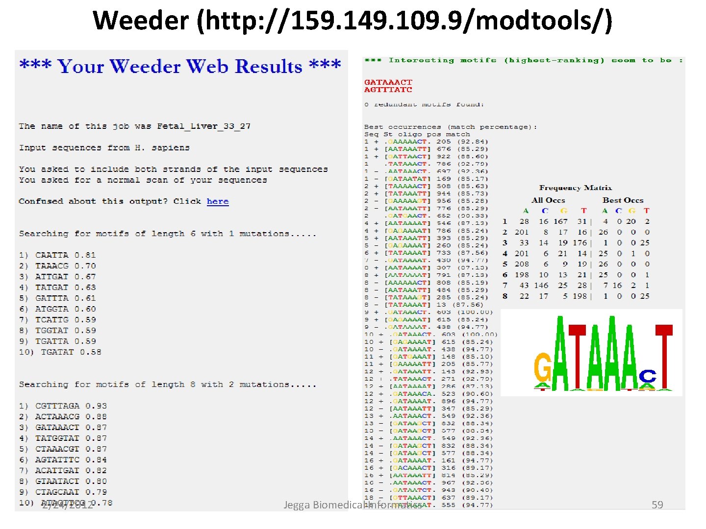 Weeder (http: //159. 149. 109. 9/modtools/) 2/24/2012 Jegga Biomedical Informatics 59 