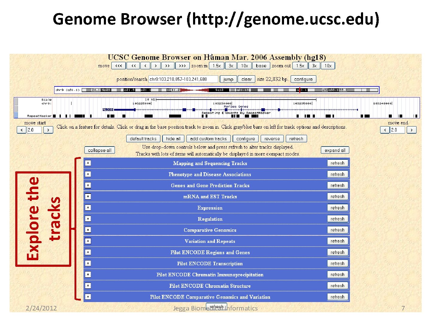 Explore the tracks Genome Browser (http: //genome. ucsc. edu) 2/24/2012 Jegga Biomedical Informatics 7