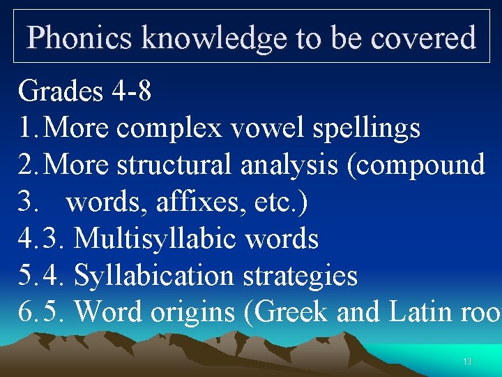 Phonics knowledge to be covered Grades 4 -8 1. More complex vowel spellings 2.