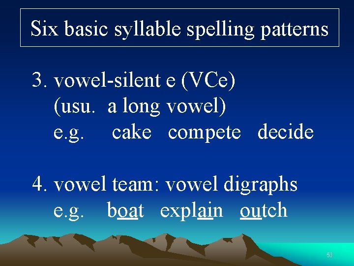 Six basic syllable spelling patterns 3. vowel-silent e (VCe) (usu. a long vowel) e.
