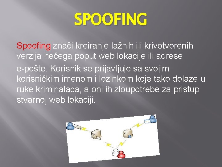SPOOFING Spoofing znači kreiranje lažnih ili krivotvorenih verzija nečega poput web lokacije ili adrese