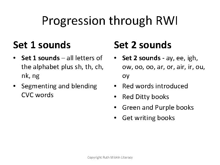 Progression through RWI Set 1 sounds Set 2 sounds • Set 1 sounds –