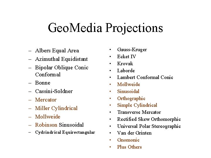 Geo. Media Projections – Albers Equal Area – Azimuthal Equidistant – Bipolar Oblique Conic