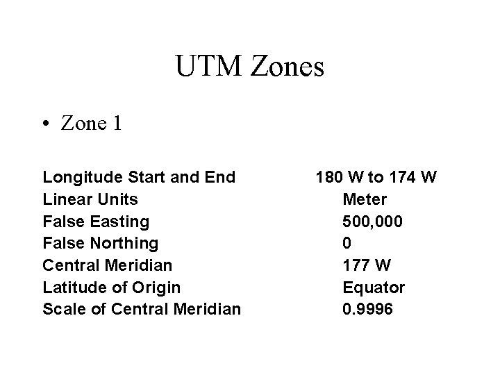 UTM Zones • Zone 1 Longitude Start and End Linear Units False Easting False