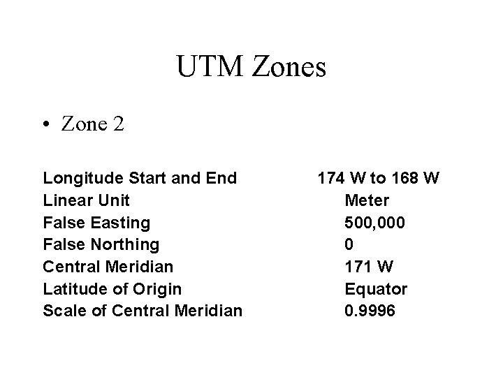 UTM Zones • Zone 2 Longitude Start and End Linear Unit False Easting False